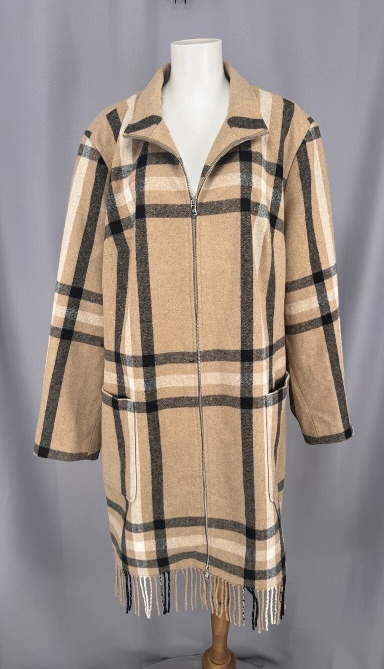 Isaac Mizrahi Live Jacket Womens 22W Beige Plaid Lined Long Coat Career Cozy
